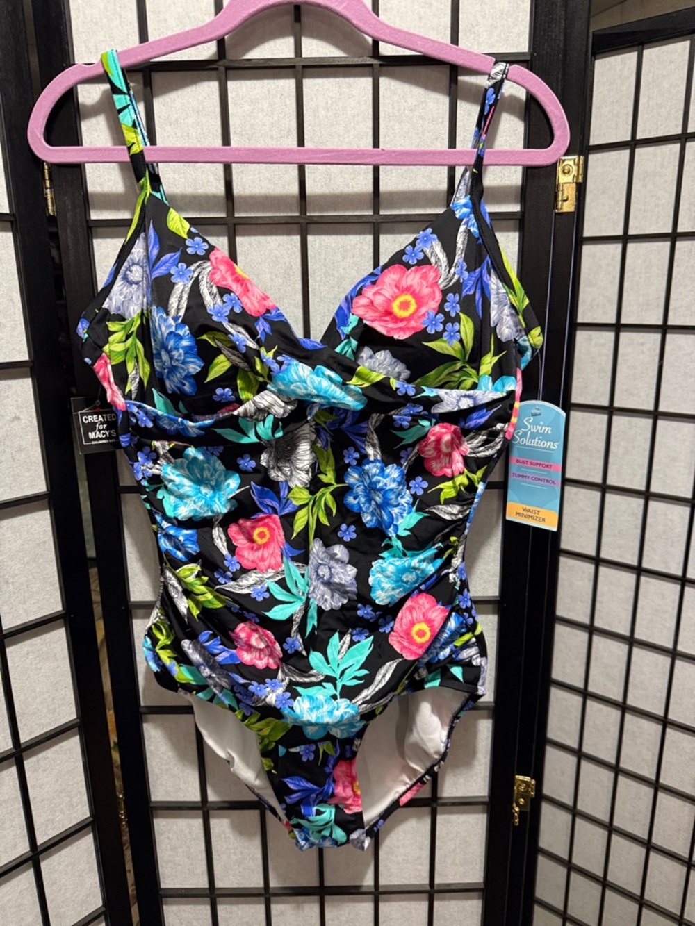 Swim Solutions Black One-Piece Swimsuit with Blue, Pink Floral Print Size 16